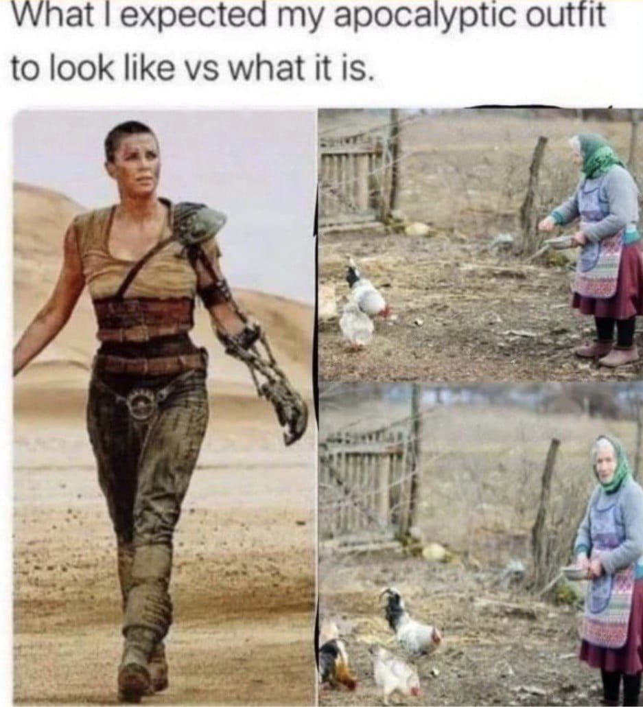 This meme is a humorous comparison between a person's expected post-apocalyptic outfit and the actual reality. The text at the top reads, "What I expected my apocalyptic outfit to look like vs what it is." The image on the left shows a woman in a tough, sci-fi inspired outfit, while the images on the right show a woman in a simple, practical outfit, feeding chickens in a rural setting.